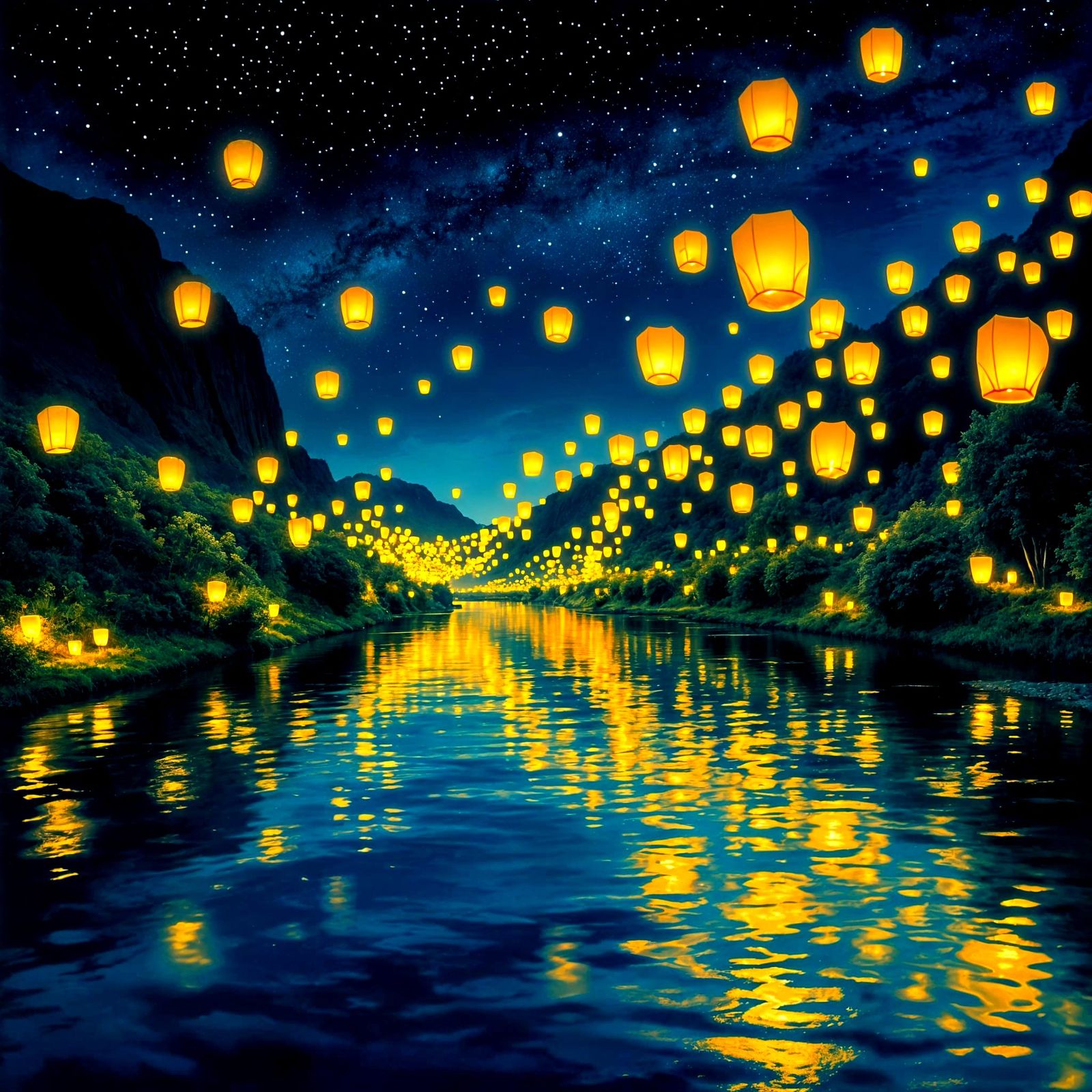 Glowing Lanterns Float Down River at Night