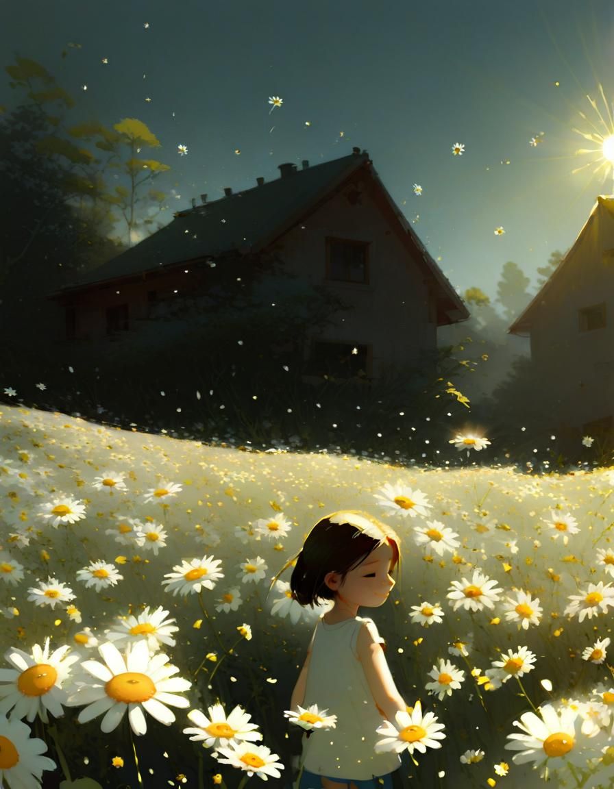 Girl with Daisies in Whimsical Style