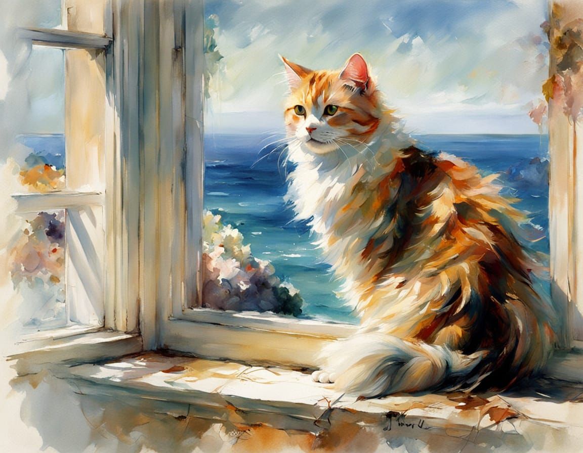 Stunning Long-Haired Cat in Whimsical Beach Scene, as Impres...