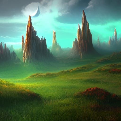 Mystic Grasslands: Detailed Matte Painting in Deep Color