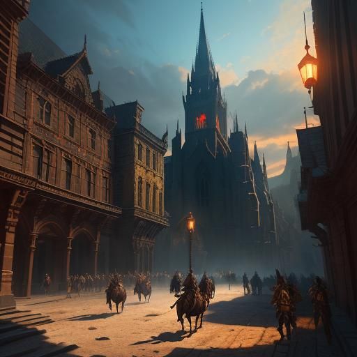 Epic Battle Scene in Gothic City, Beksiński Style