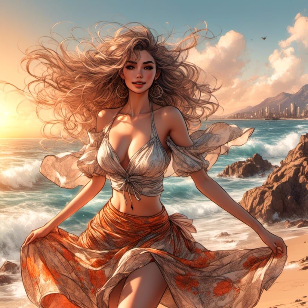 Anime Bikini Babe Twirling on Sunny Beach