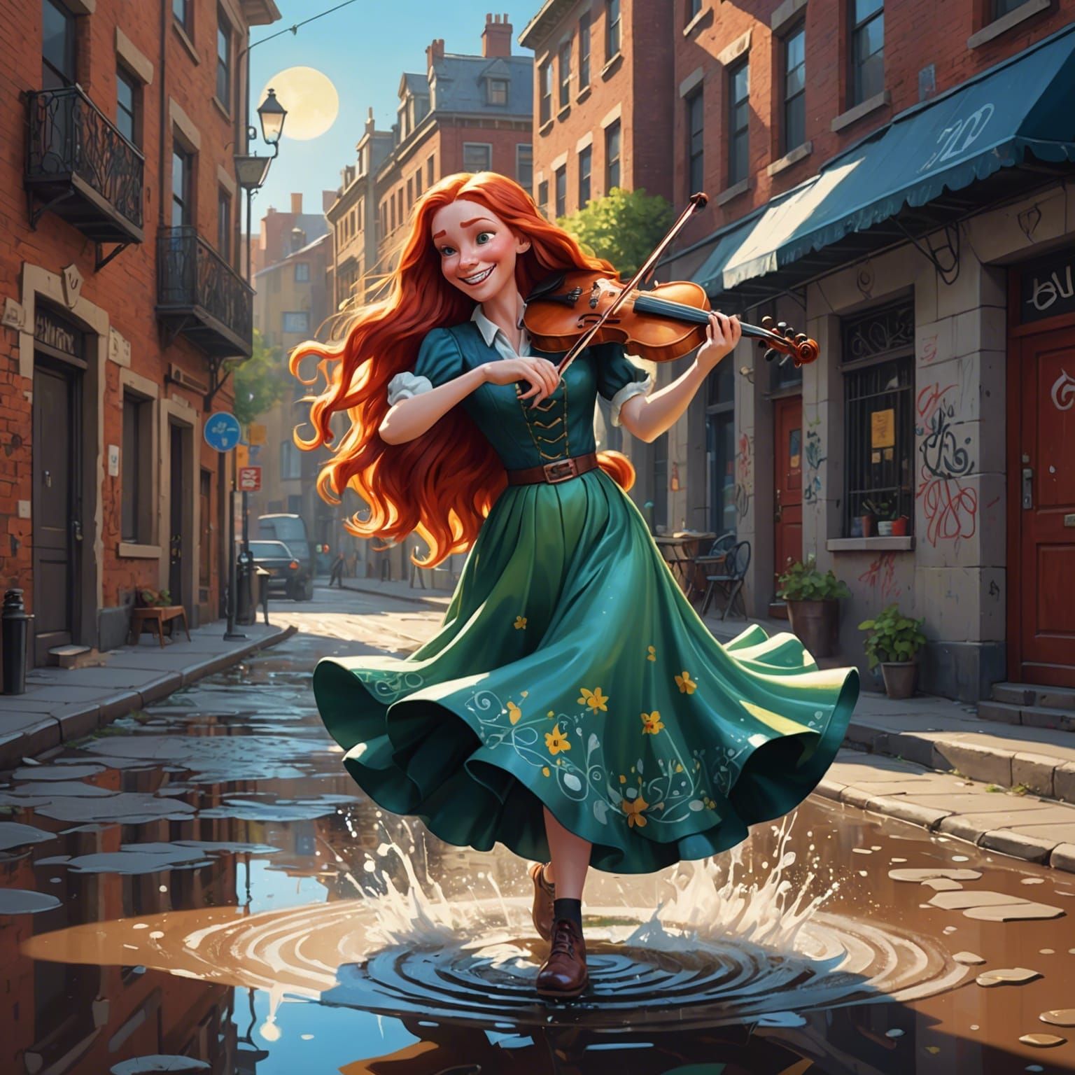 Lady Dancing in Puddle with Fiddle, 3D Digital Art