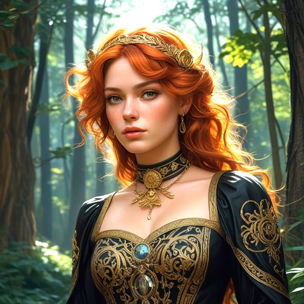 Redhead Woman in Gold Dress: Impasto Pulp Art