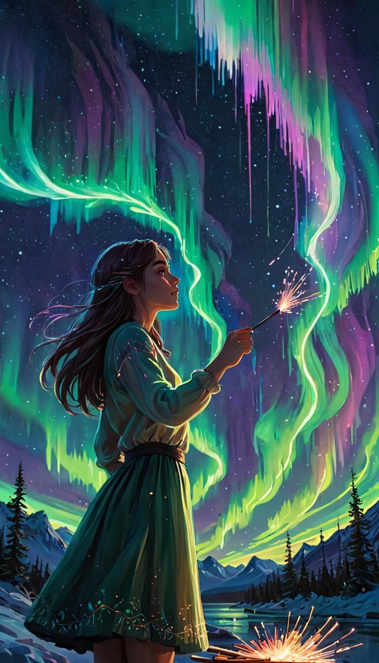Girl Paints Aurora Borealis: Miyazaki-Inspired Concept Art