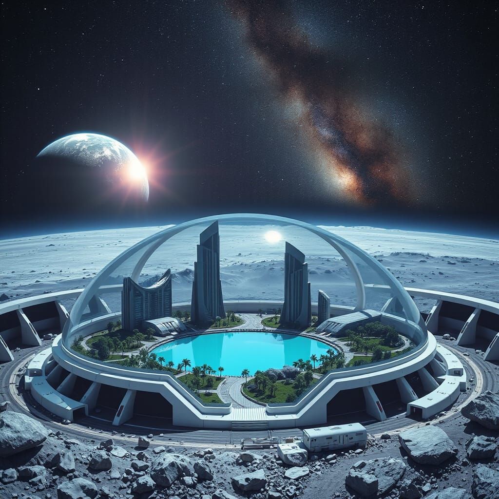 Futuristic Lunar City Oasis Under Dome