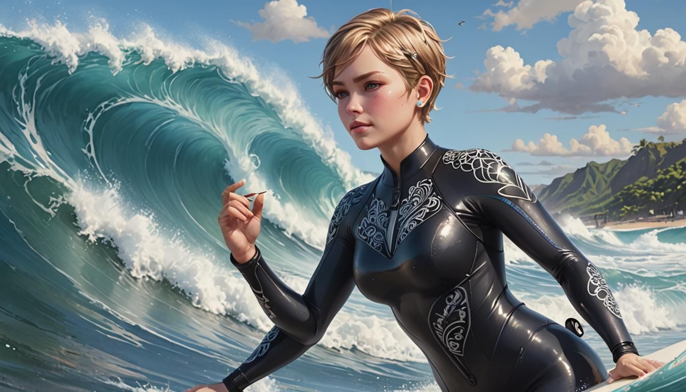 Swedish Surfer Girl Rides Wave: 3D Anime Art