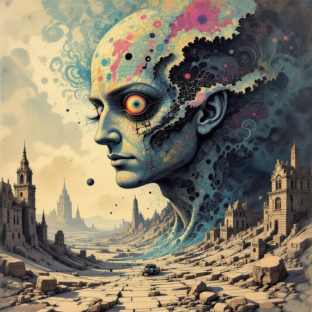 Psychedelic Surrealism Ink Drawing with Fractal Patterns