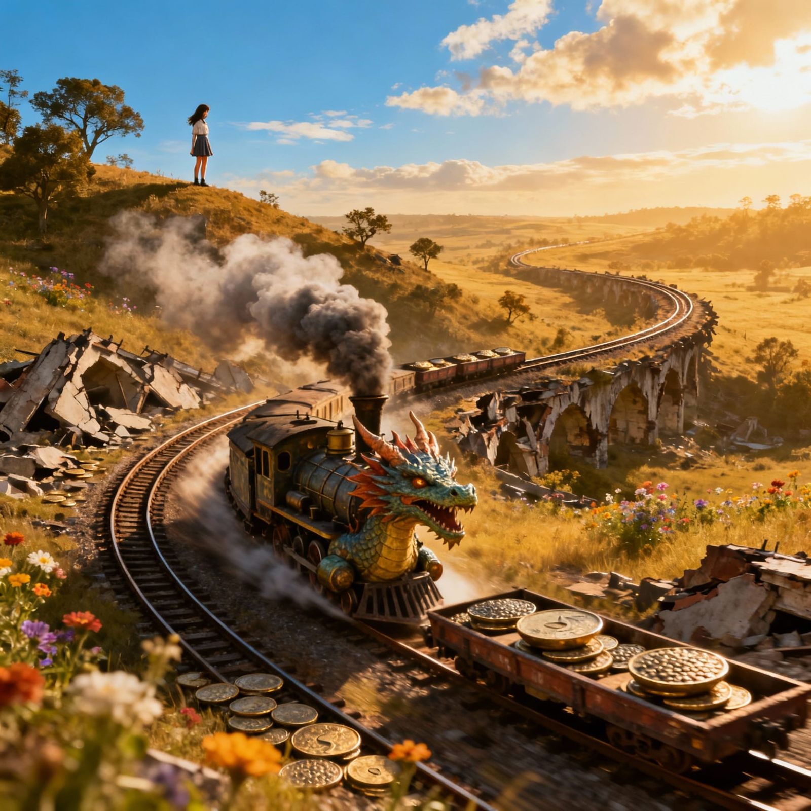 Dragon Train Speeds Through Golden Hour Landscape