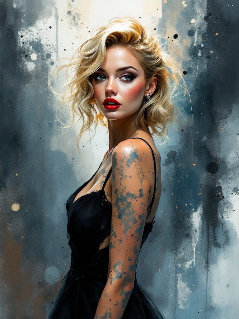 Pin-Up Woman in Moody Watercolor and Ink Splatter Style