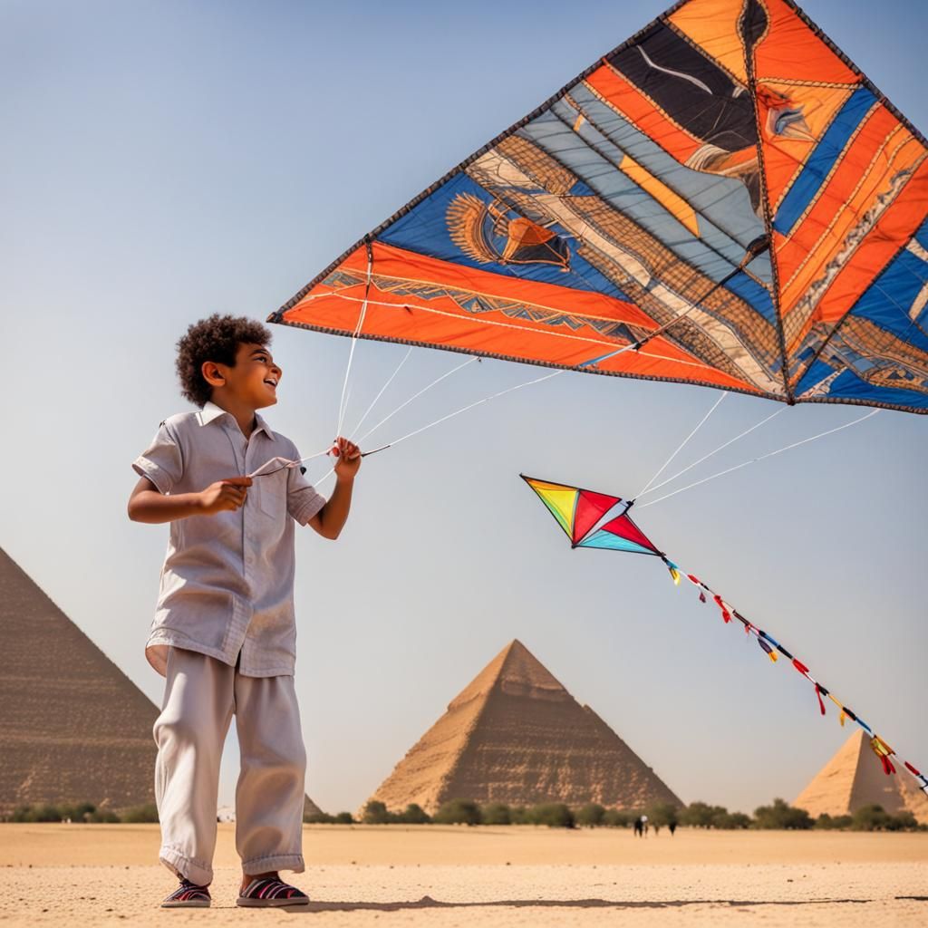 Boy Flying Kite at Great Pyramids
