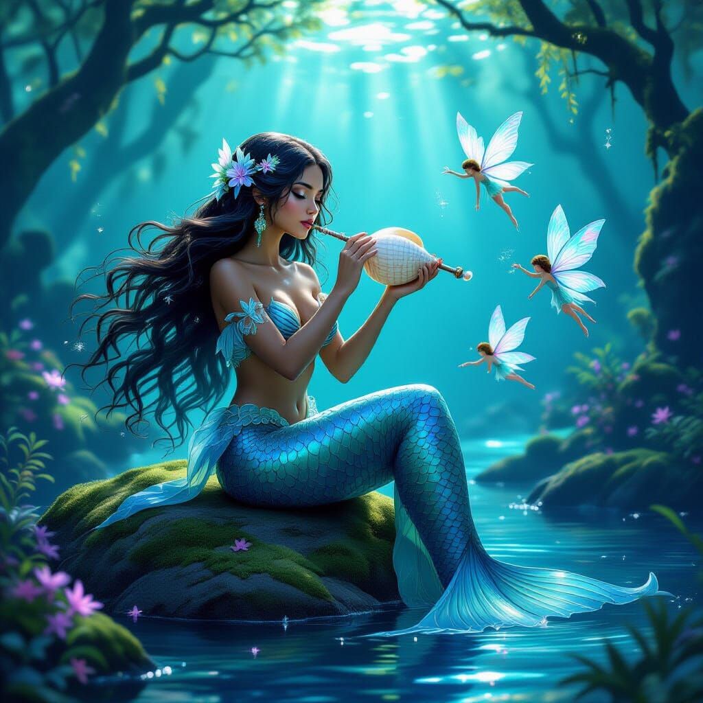 Mermaid Playing Conch Flute with Fairies in Underwater Fores...