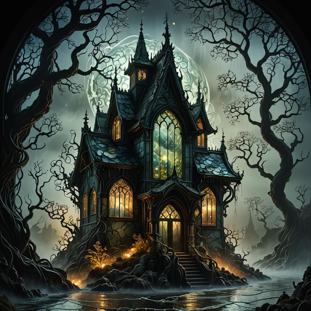 Glass Structure in Swirling Fog, Dark Fantasy 3D Render