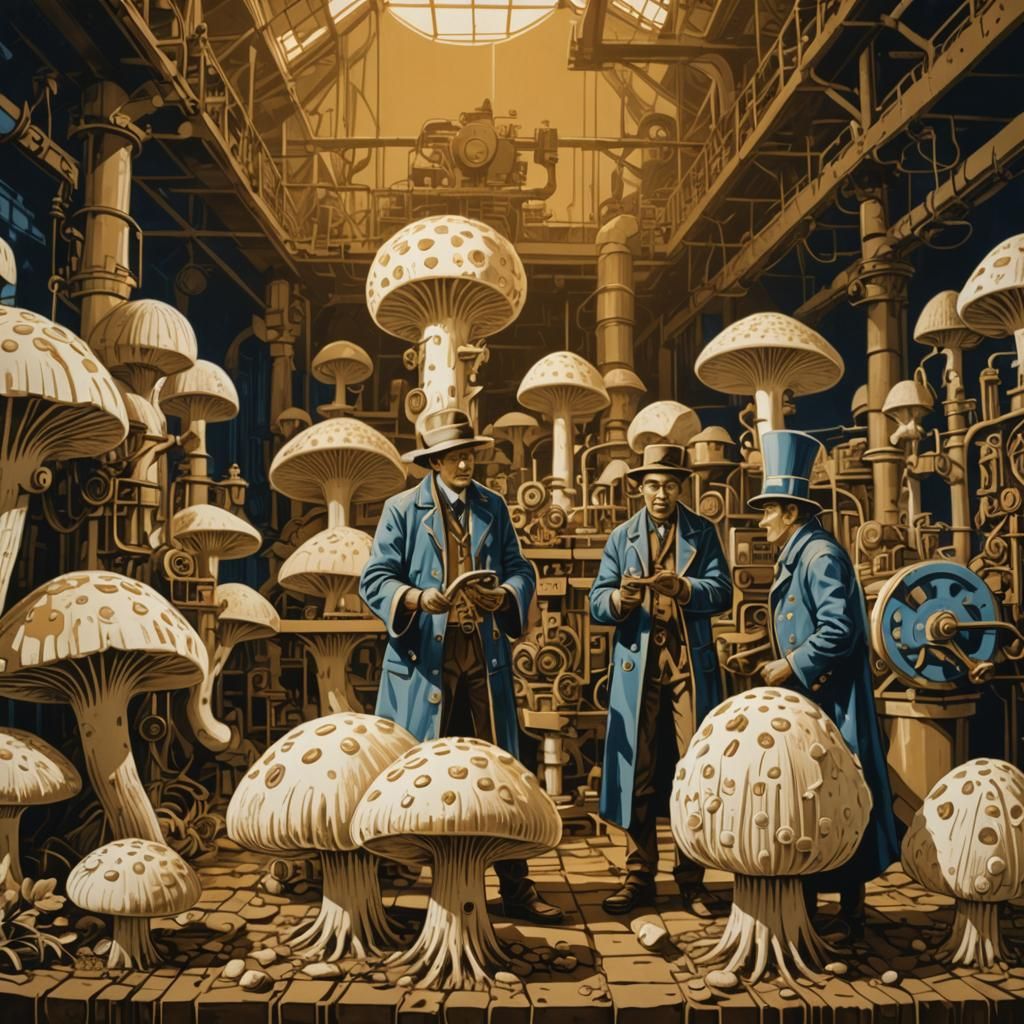 Steampunk Mushroom Factory: Surrealist Linocut Print
