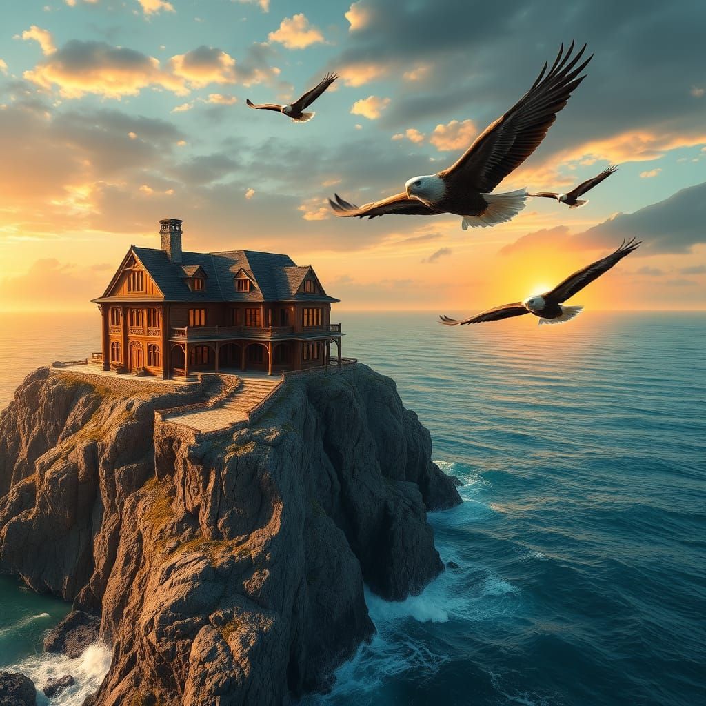 Majestic Wooden Cliffside Mansion at Sunset