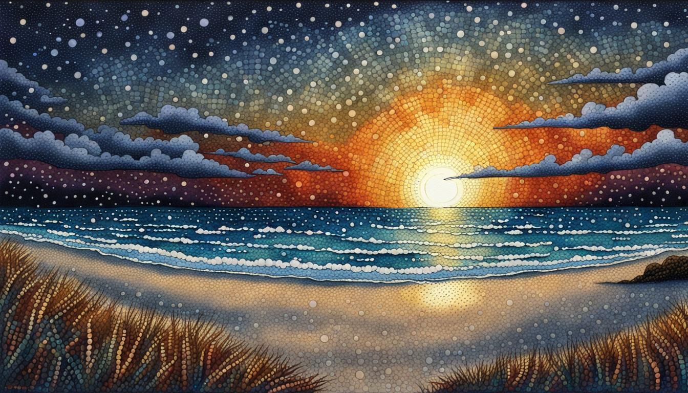 Cosmic Sky Over Moonlit Beach: Batik Pointillism