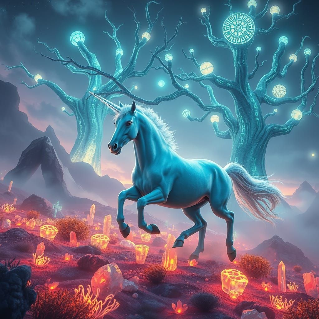 Bioluminescent Unicorn in Alien Landscape Concept Art