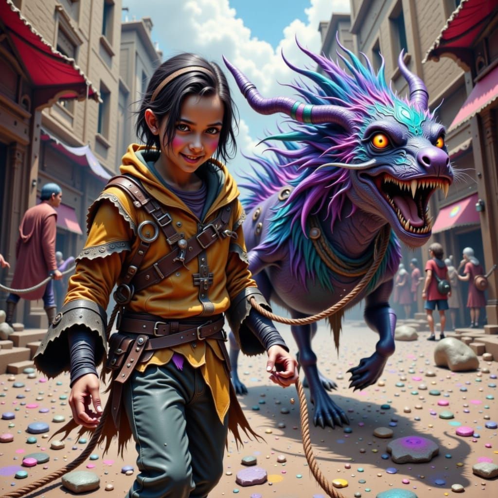 Child Leads Beast Through Market, Gritty Fantasy Realism