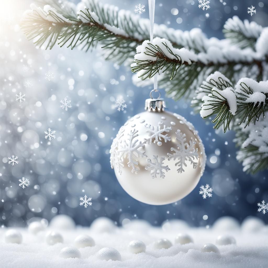 Elegant Pearl Christmas Bauble in Snowy Scene