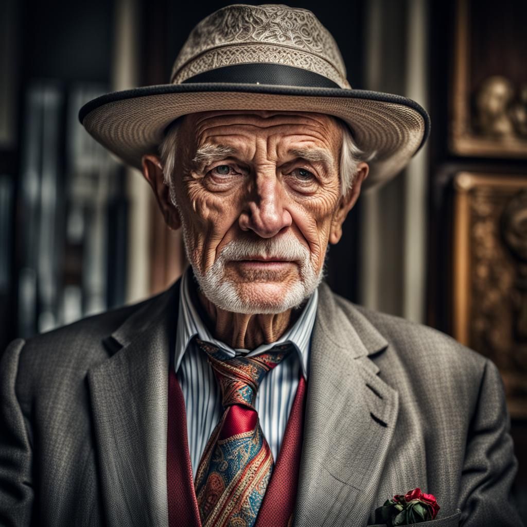 Hyperrealistic Old Man in Hat and Embroidered Tie