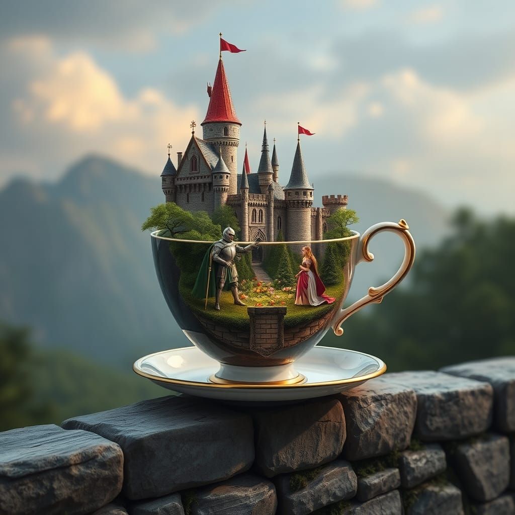 Fantasy Scene Inside a Teacup with Castle