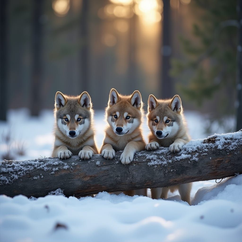 Hyper Realistic Timber Wolf Pups Play In Snowy Pine Forest