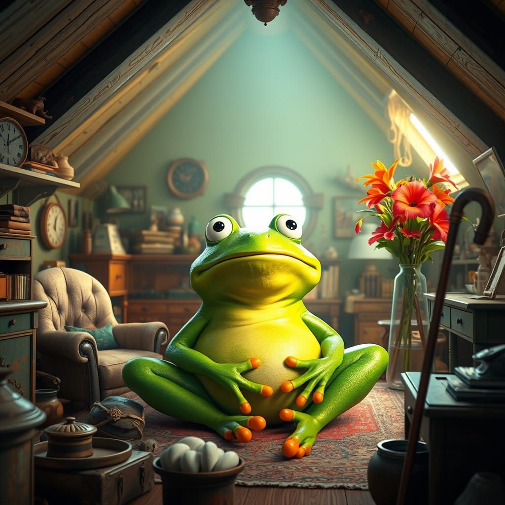 Whimsical Green Frog in Cozy Attic Bedroom