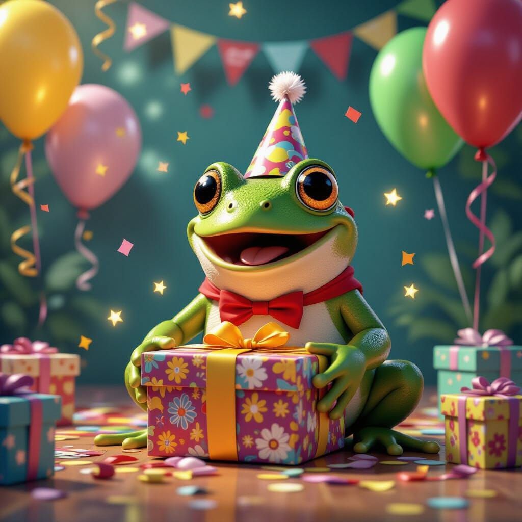 Surprised Frog Opens Gift at Surprise Party