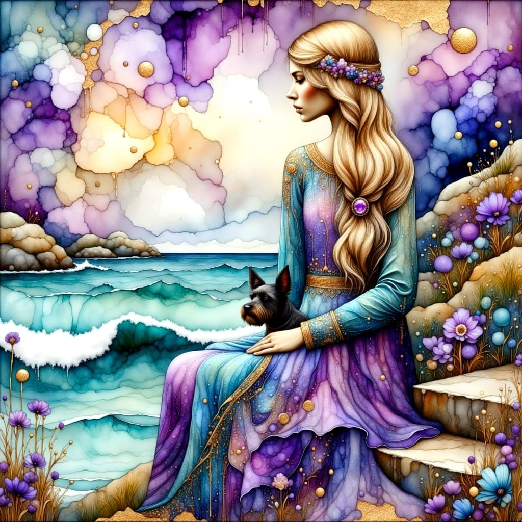 Intricately Detailed Portrait of a Blond Woman in Plum and T...