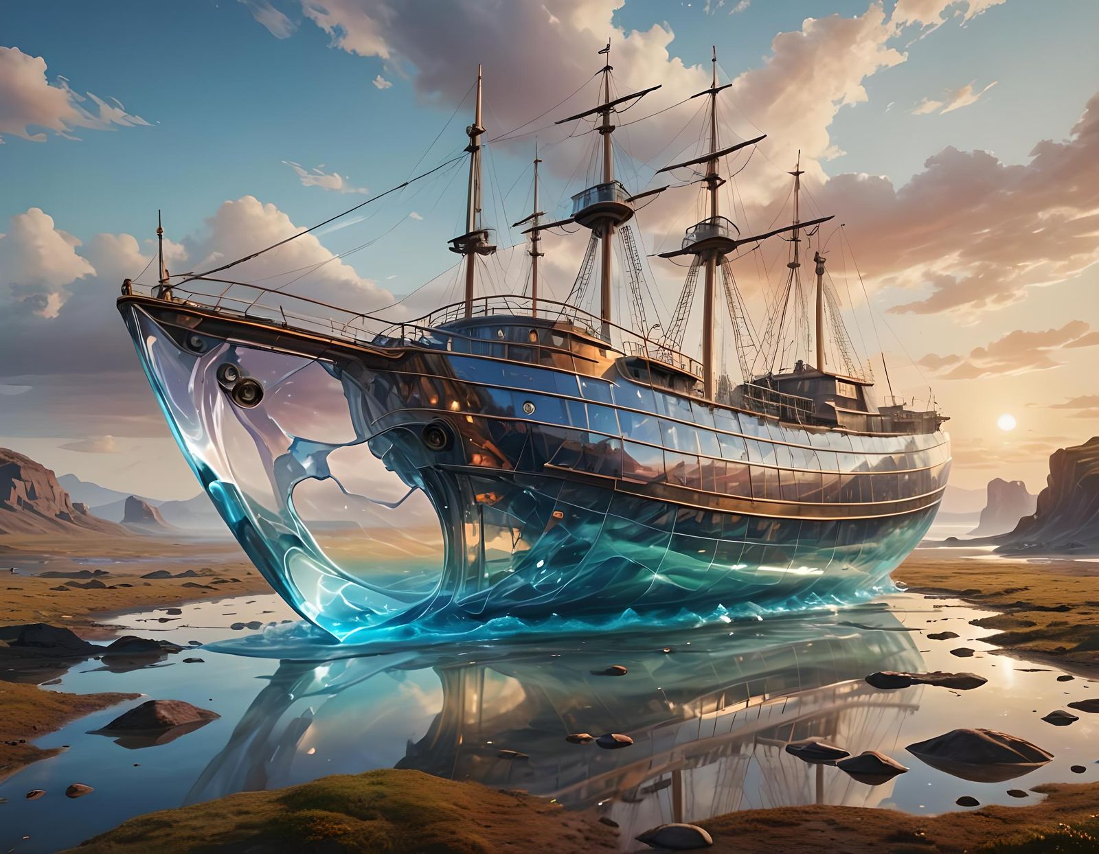 Ethereal Glass Ship on Land in Hyperrealistic Style