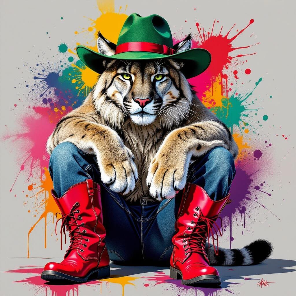 Mountain Lion in Red Boots and Green Hat, Street Art Style