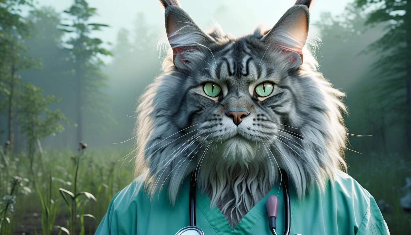 Anthropomorphic Maine Coon Cat Healer in Apocalyptic Scene