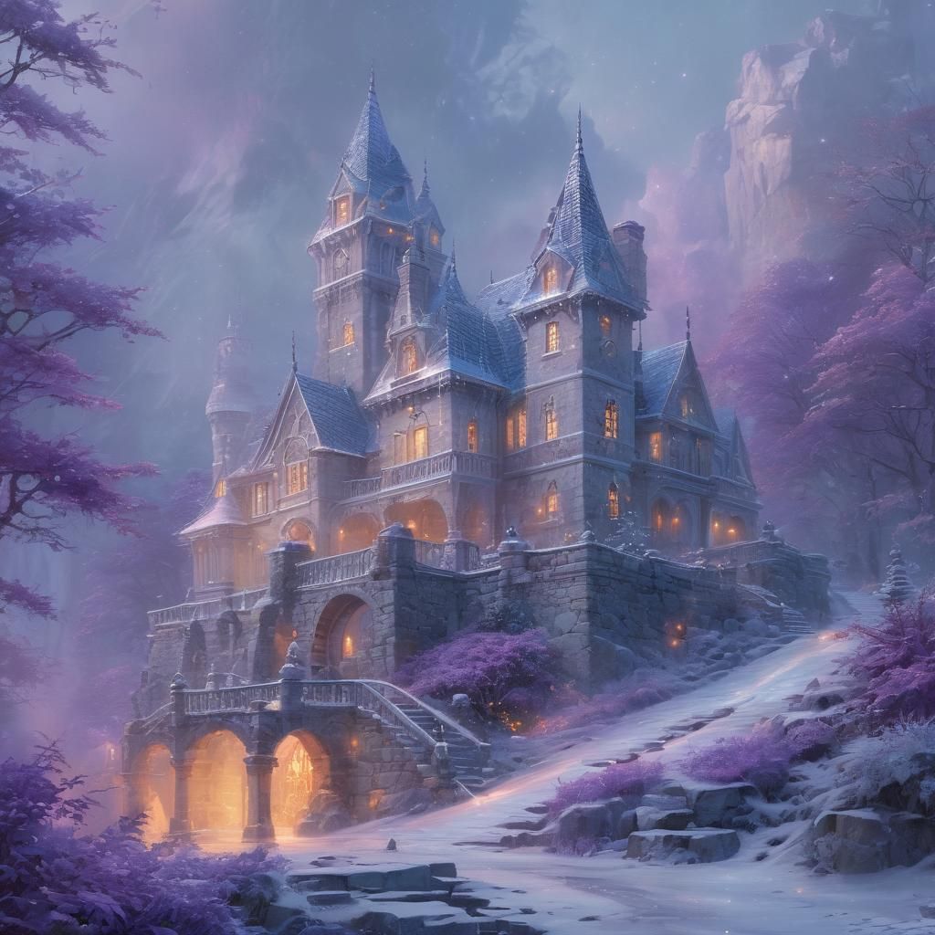 Ethereal Ice Mansion in Misty Landscape