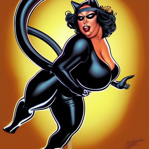 Obese Catwoman Caricature in Comic Book Art