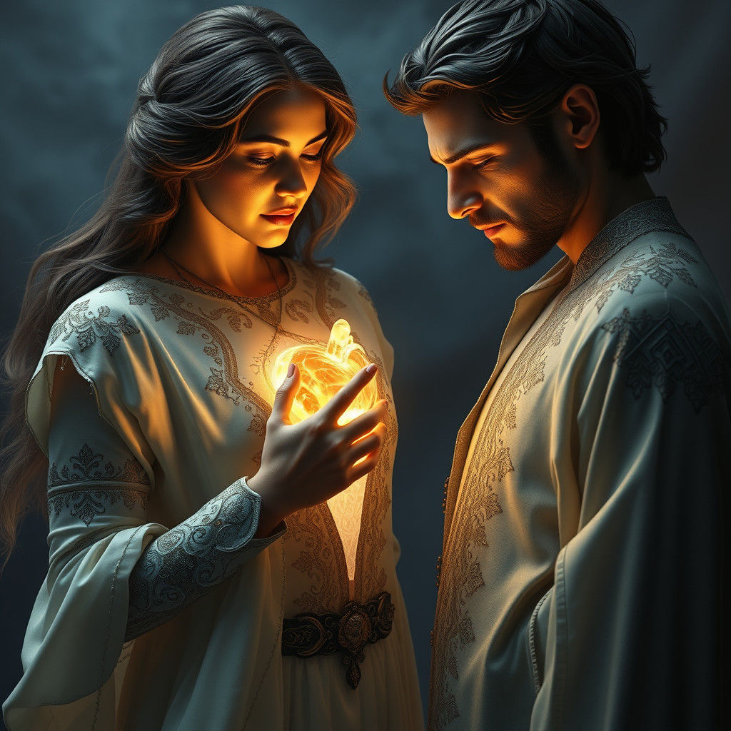 Compassionate Woman Heals Tormented Man: Fantasy Concept Art