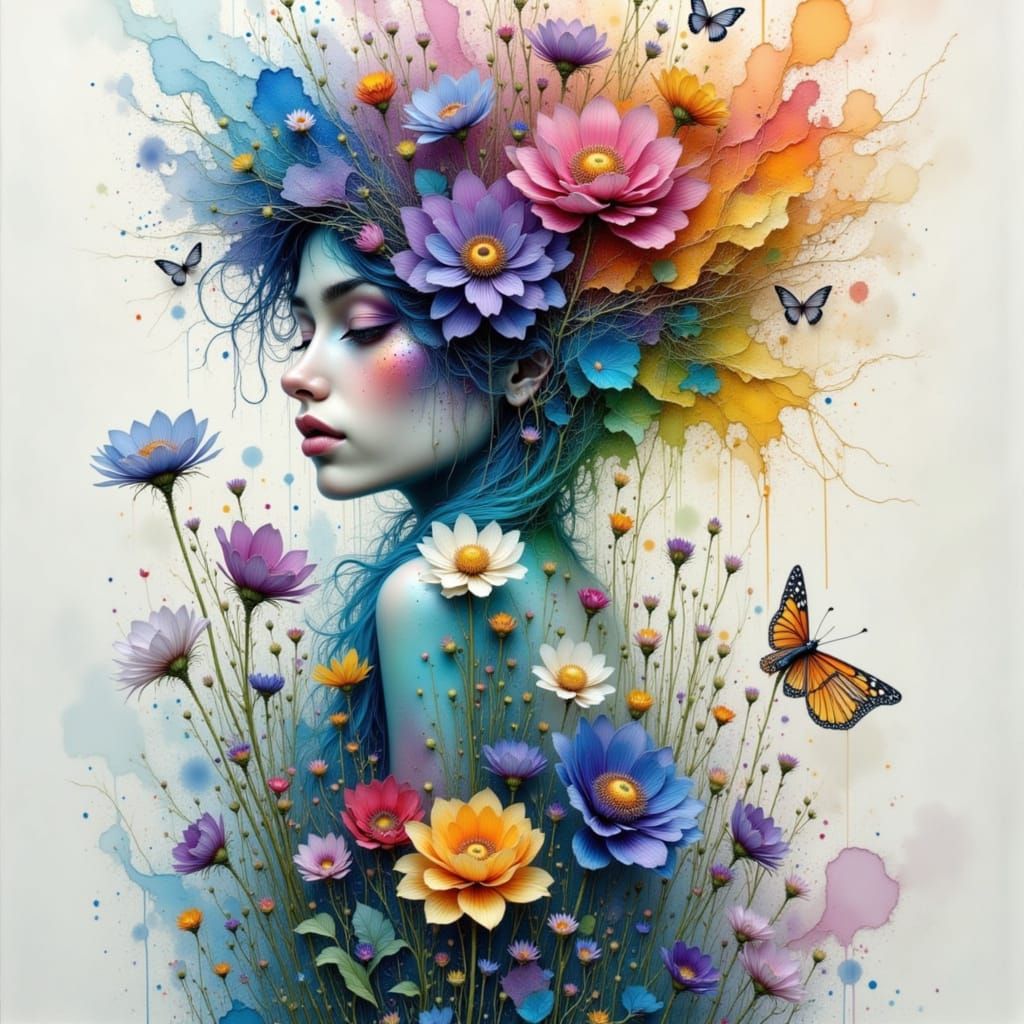 Ethereal Elf Woman Dissolving into Abstract Color Blooms