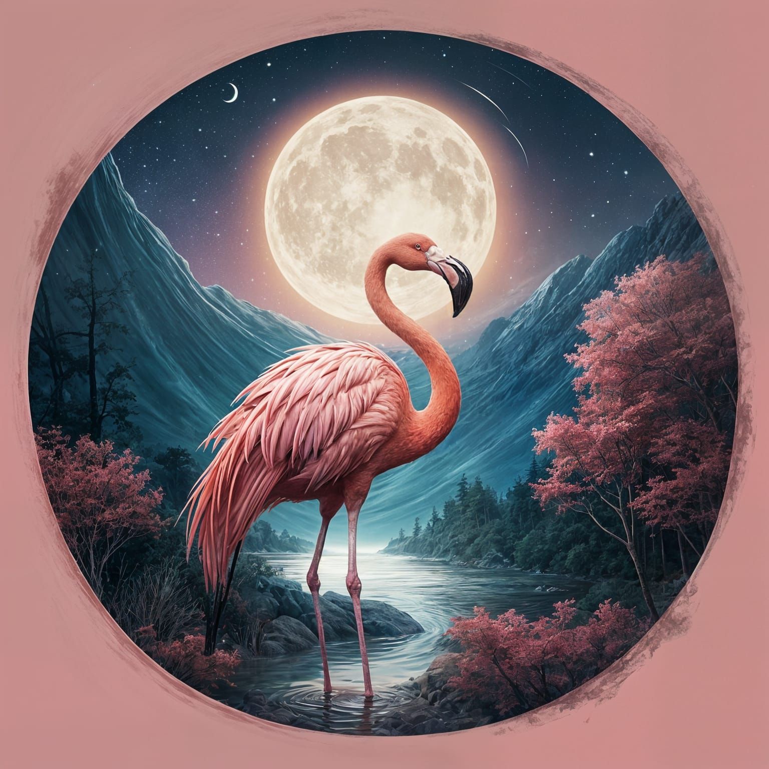 Giant Pink Flamingo Under Crescent Moonlit Night Sky