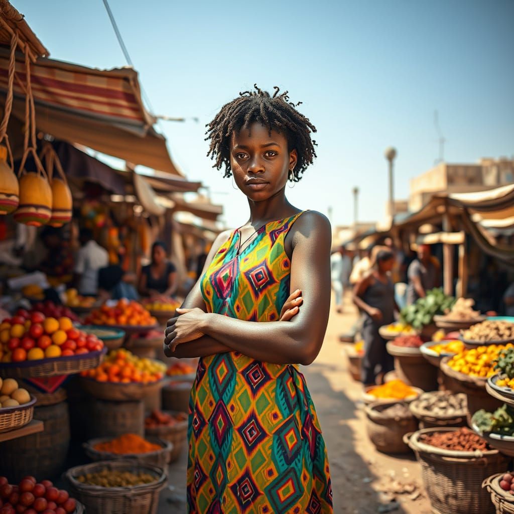 African Woman in Vibrant Market Scene