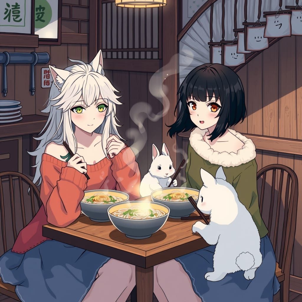 Women and Whimsical Furry Friends Enjoy Noodles in Cozy Anim...