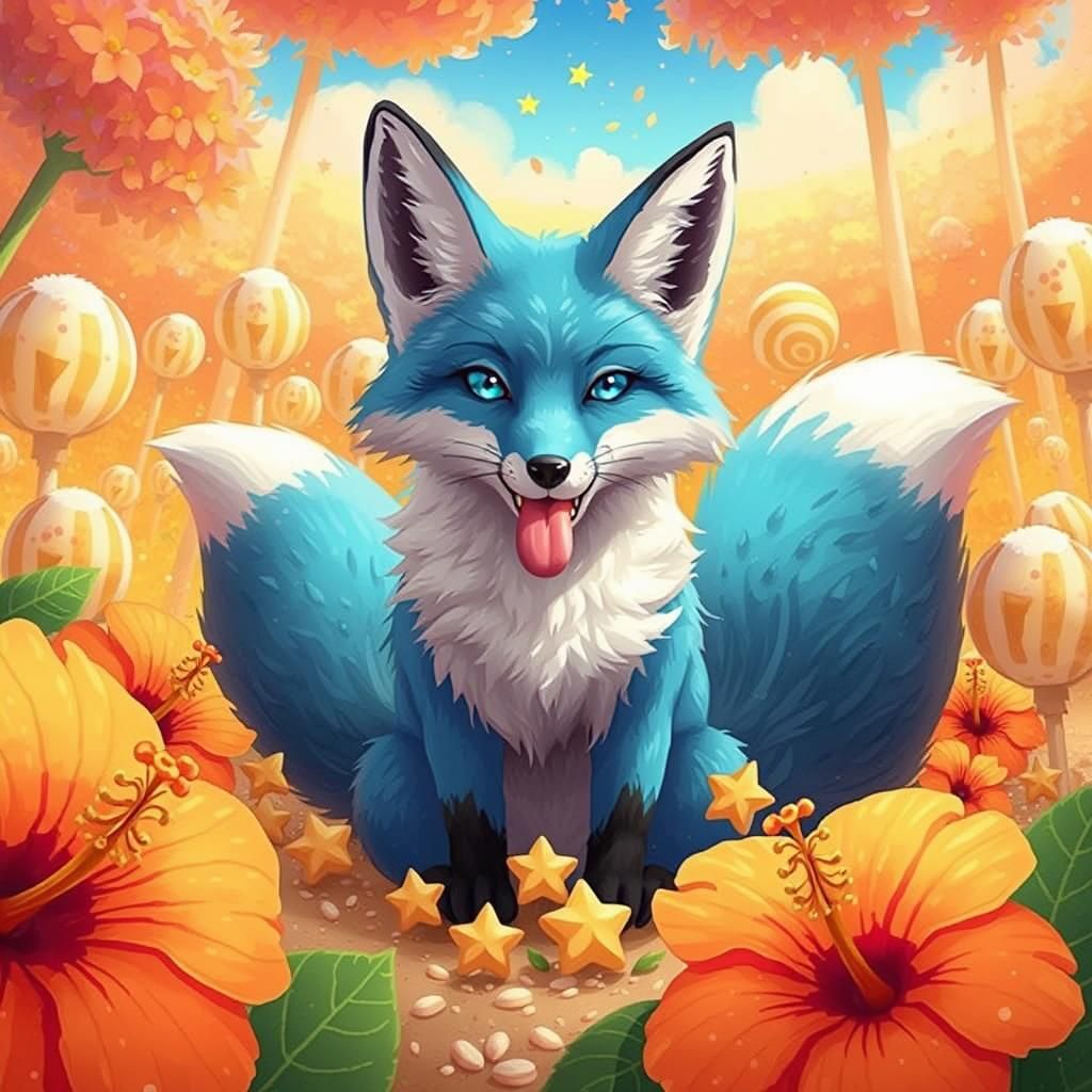 Whimsical Blue Fox in Candy Land, Anime Style