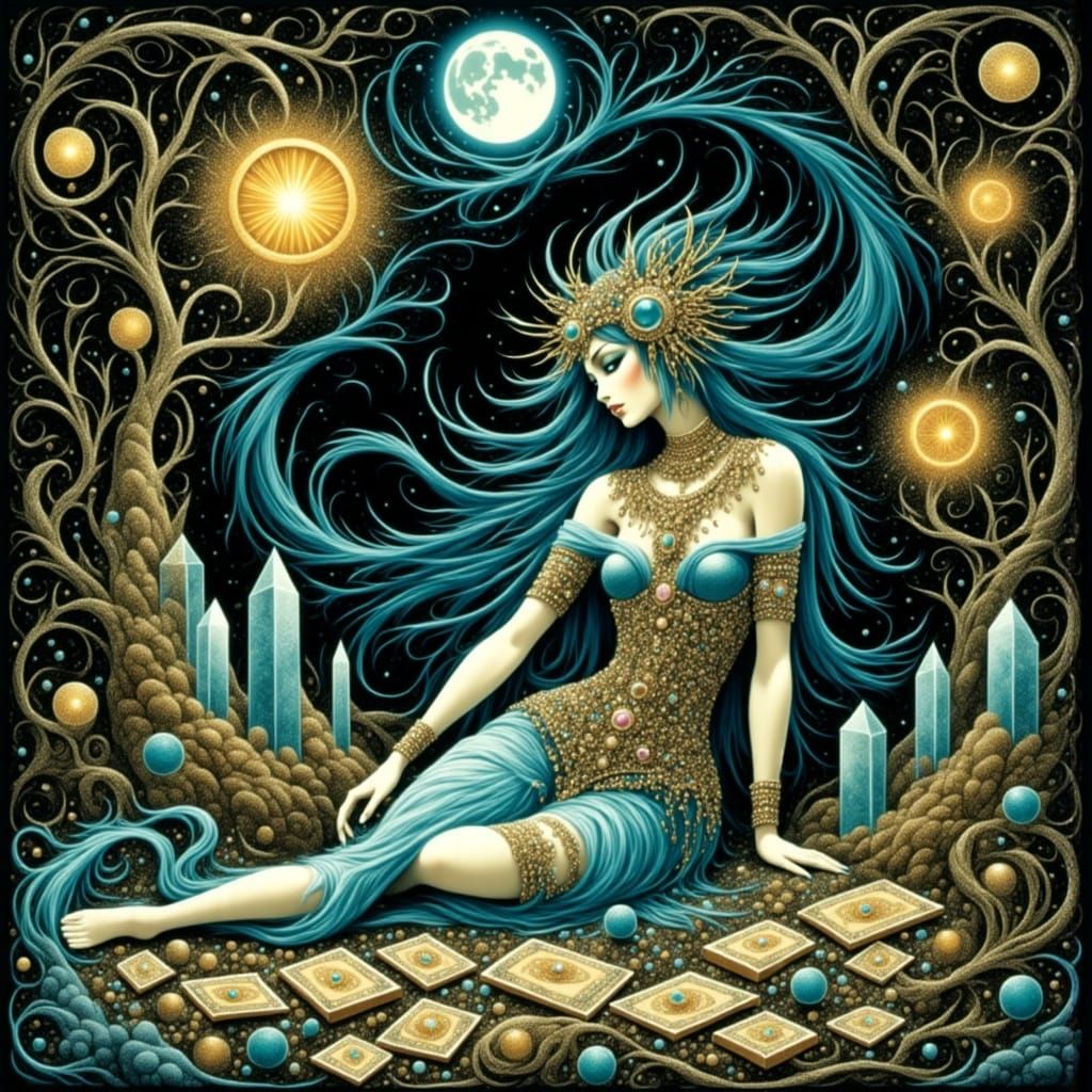 Ethereal Woman Surrounded by Tarot Cards and Crystals