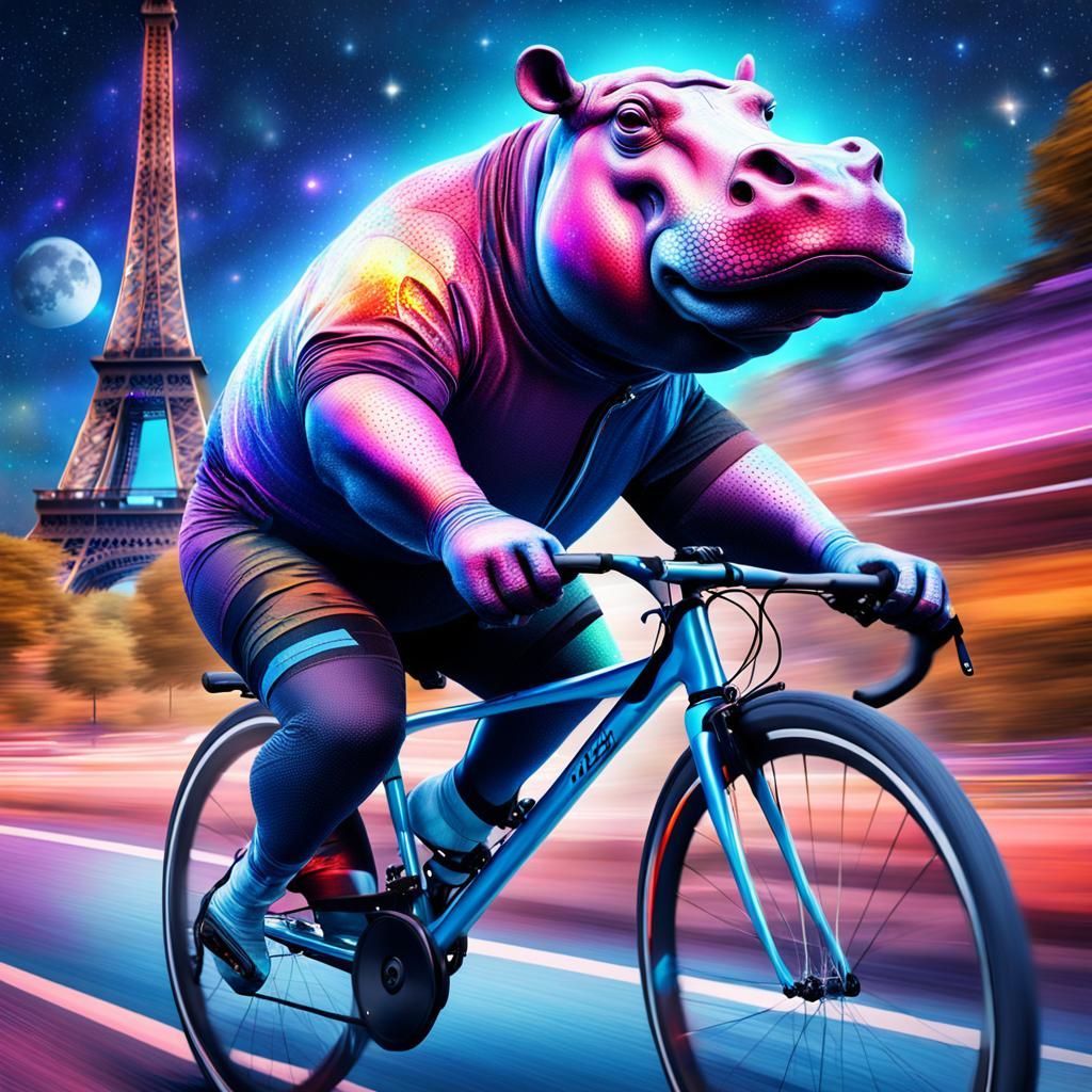 Hippo Cyclist Races in Paris: Astral Illustration