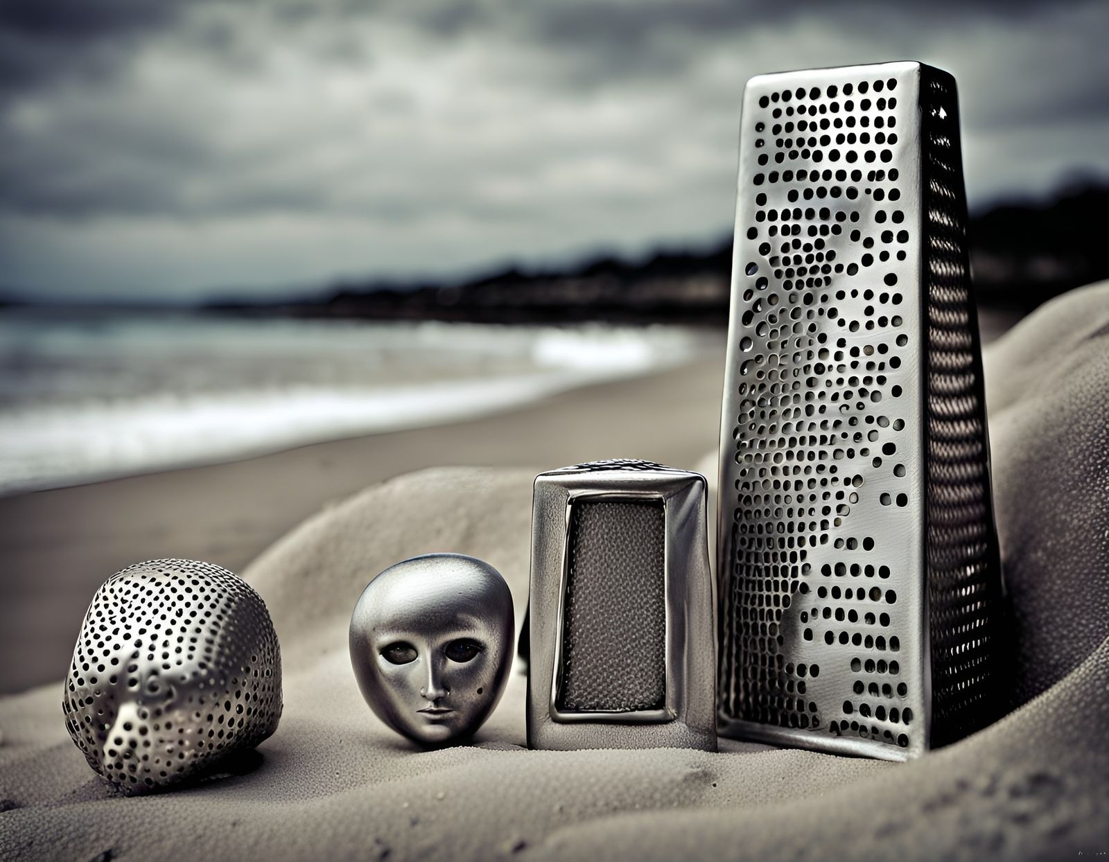 Steel Cheesegrater and Cloth on Pebbly Beach