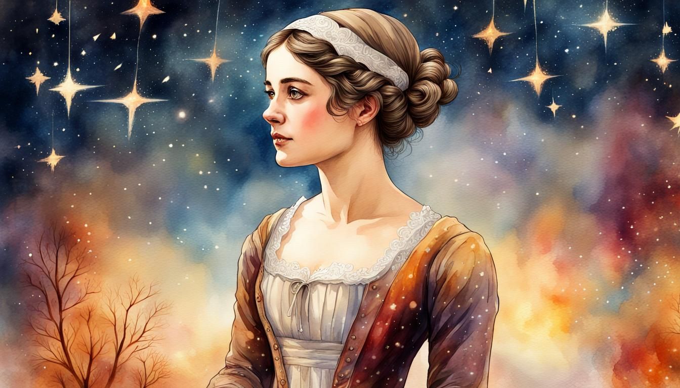 Detailed Watercolor Painting of Jane Austen in Fantasy Art