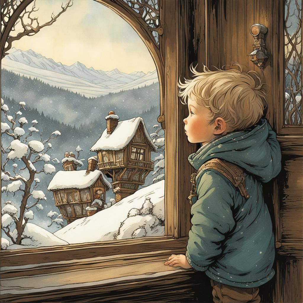 Toddler and Winter Landscape in Fantasy Art Style