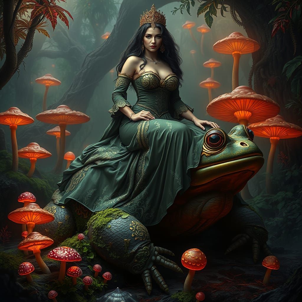Regal Woman on Toad in Mystical Forest