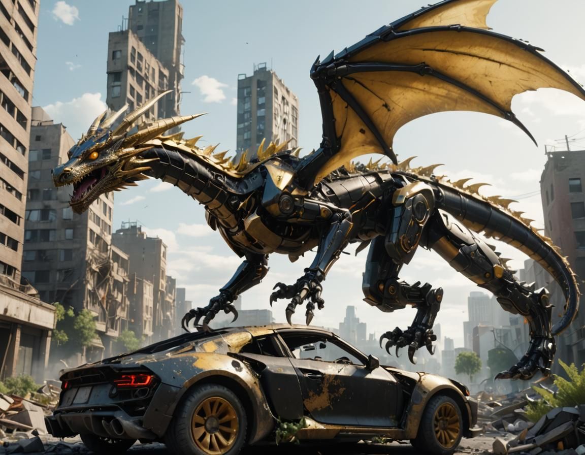 Robotic Dragon in Overgrown Metropolis