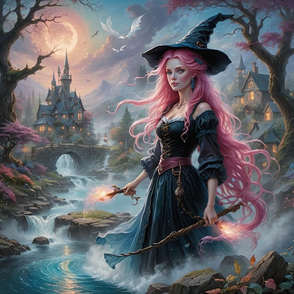 Wide view of a female witch with long pink hair in a ponytail bright blue eyes contolong water magic