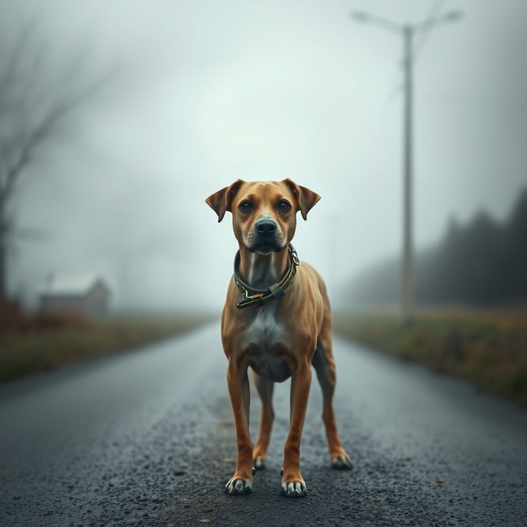 Stooped Dog on Misty Road, Digital Art