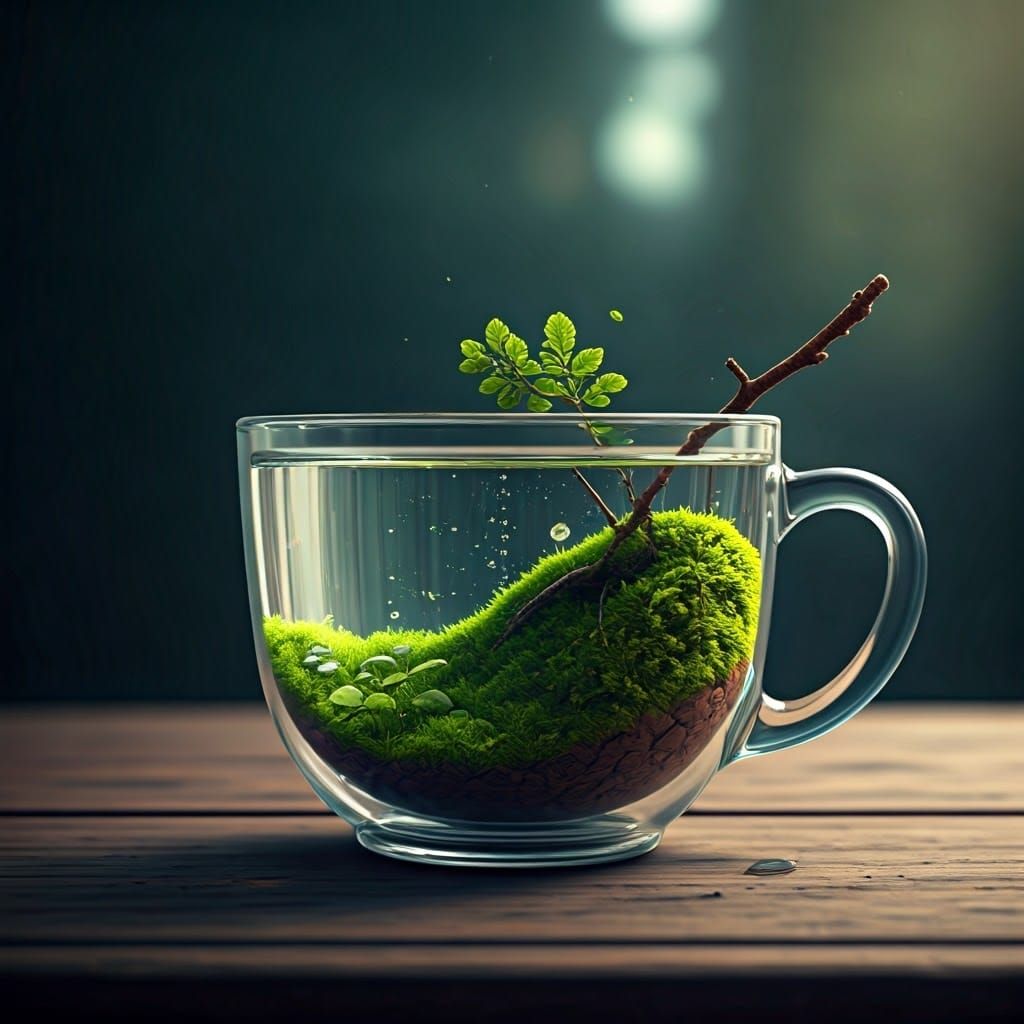 Miniature Landscape in Glass Cup, Watercolor Style